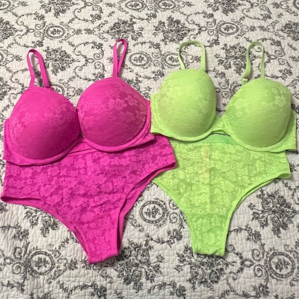 PINK Floral Lace Hot Pink & Neon Green Bra & Panty Sets